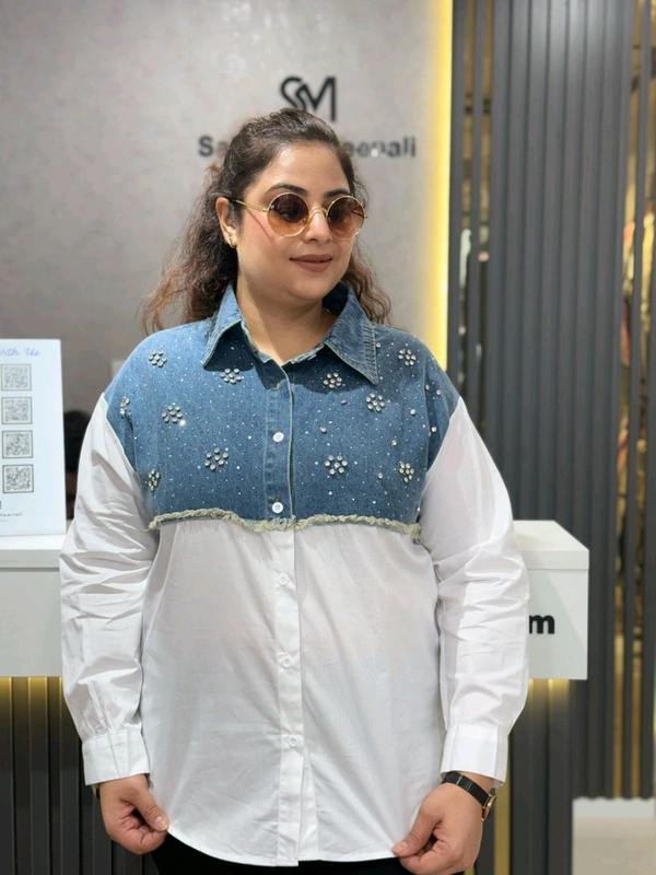 SKU 2008 Beautiful Denim Shirt - White, Free Size M To XXXL