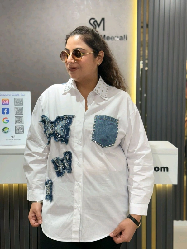 SKU 2011 Beautiful Denim Shirt - White, Free Size M To XXXL