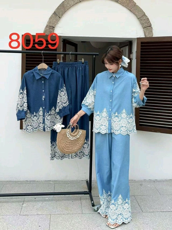 SKU 2013 Beautiful Denim Cordset With Thread Embroidery  - Free Size M To XXL, Polo Blue