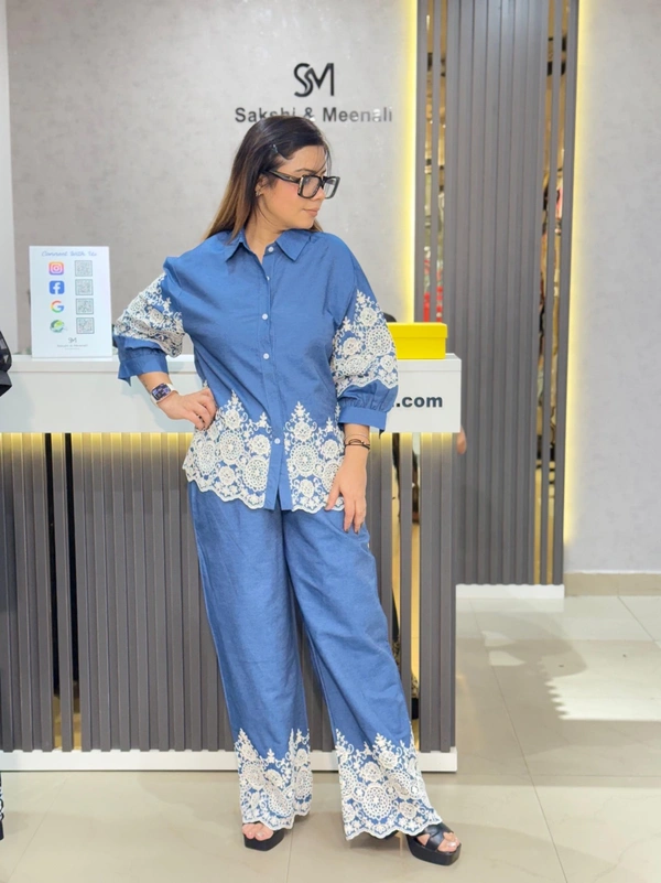 SKU 2013 Beautiful Denim Cordset With Thread Embroidery  - Blue, Free Size M To XXL