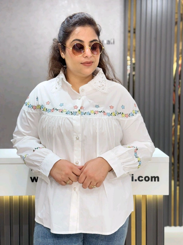 SKU 2014 Beautiful Embroidery Shirt  - White, Free Size M To 3XL