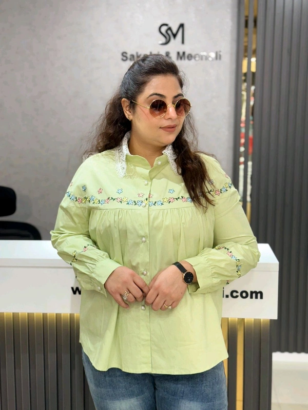 SKU 2014 Beautiful Embroidery Shirt  - Free Size M To 3XL, Green