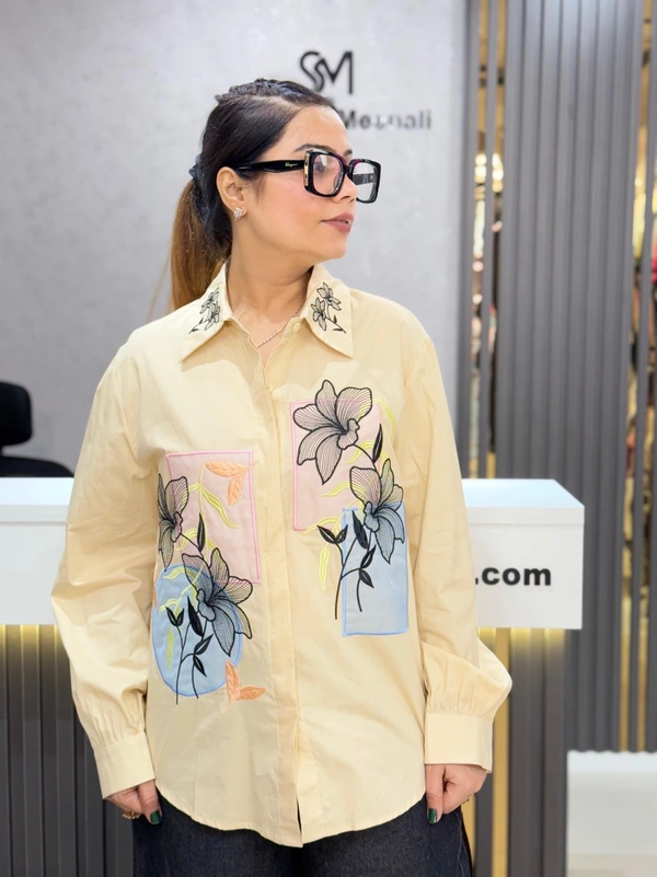 SKU 2015 Beautiful Embroidery Shirt  - Free Size M To XL, light yellow
