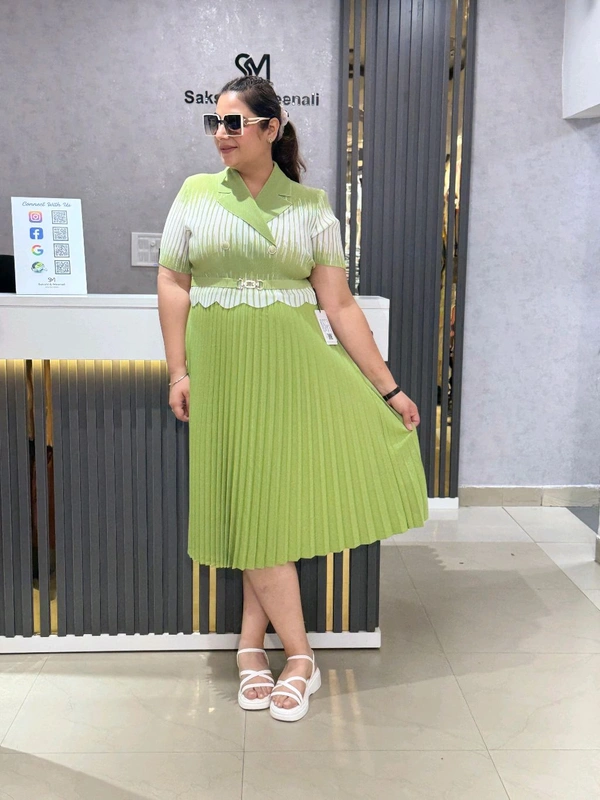 SKU 1650 Timeless Pleated Midi Dress for Effortless Style - Free Size M To 5xl, Green