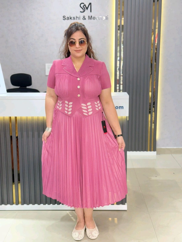 SKU 1650 Timeless Pleated Midi Dress for Effortless Style - Free Size M To 5xl, Pink Flamingo