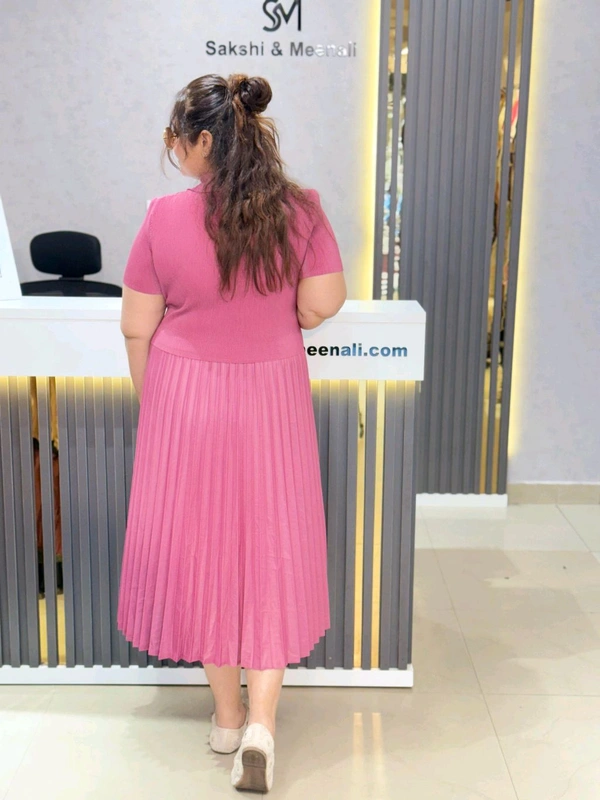 SKU 1650 Timeless Pleated Midi Dress for Effortless Style - Free Size M To 5xl, Pink Flamingo