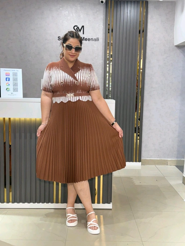 SKU 1650 Timeless Pleated Midi Dress for Effortless Style - Free Size M To 5xl, Brown