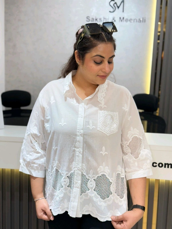 SKU 2016 Beautiful Cotton Shirt With Self Design  - Free Size M To 3XL, White