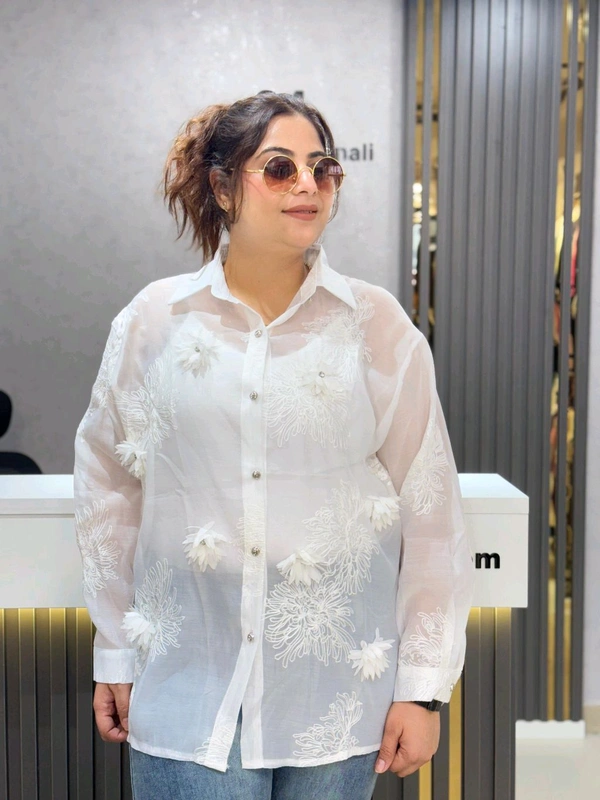 SKU 2026 Beautiful Shirt With 3D Flower - Free Size M To 4XL, White