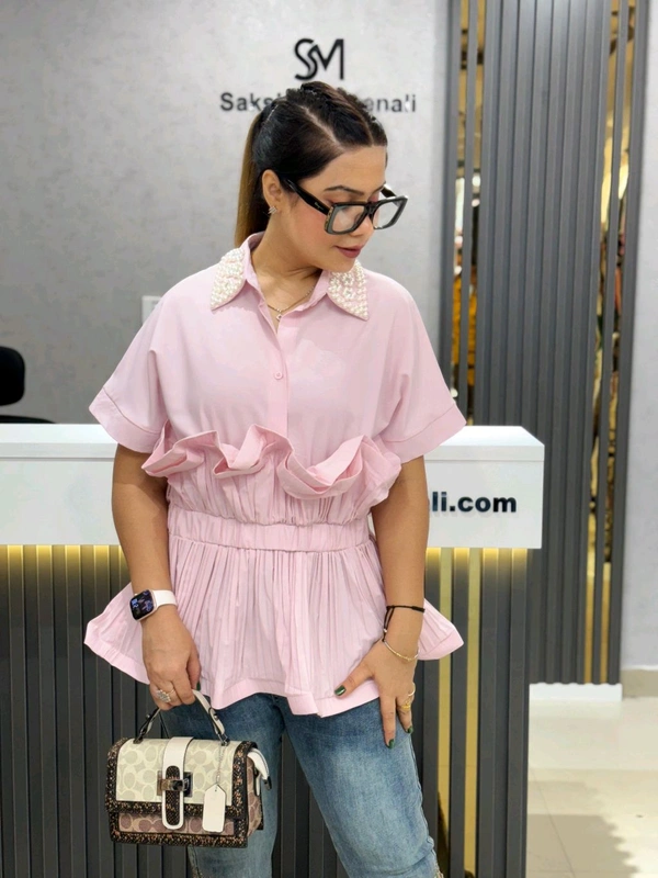 SKU 2028 Beautiful Frill Top With Pearl Detailing  - Pink, Free Size M To Xl