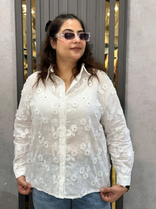 SKU 2029 Beautiful Shirt With Flower And Stud Detailing  - Free Size M To Xl, White