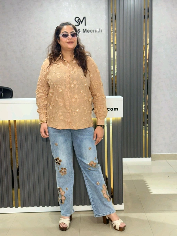 SKU 2029 Beautiful Shirt With Flower And Stud Detailing  - Free Size M To4 Xl, Beige
