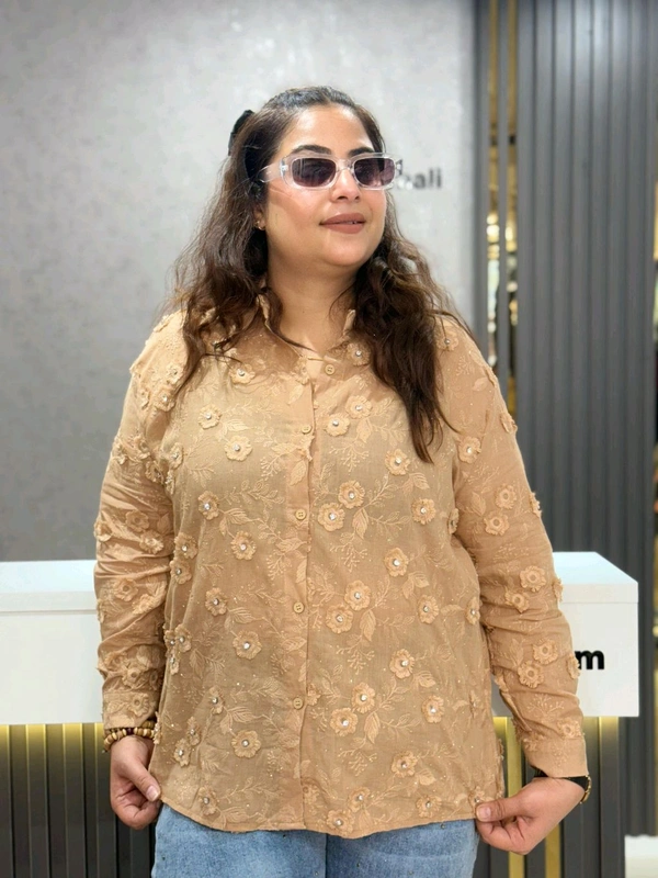 SKU 2029 Beautiful Shirt With Flower And Stud Detailing  - Free Size M To4 Xl, Beige