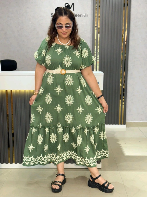 SKU 2032 Beautiful Dress With Jute Belt - Green, Free Size M To 5Xl