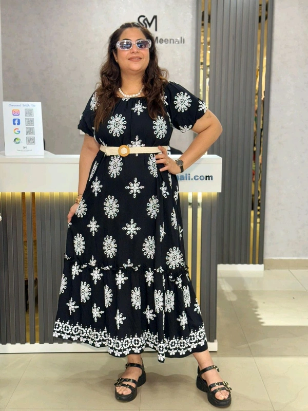 SKU 2032 Beautiful Dress With Jute Belt - Free Size M To 5Xl, Black