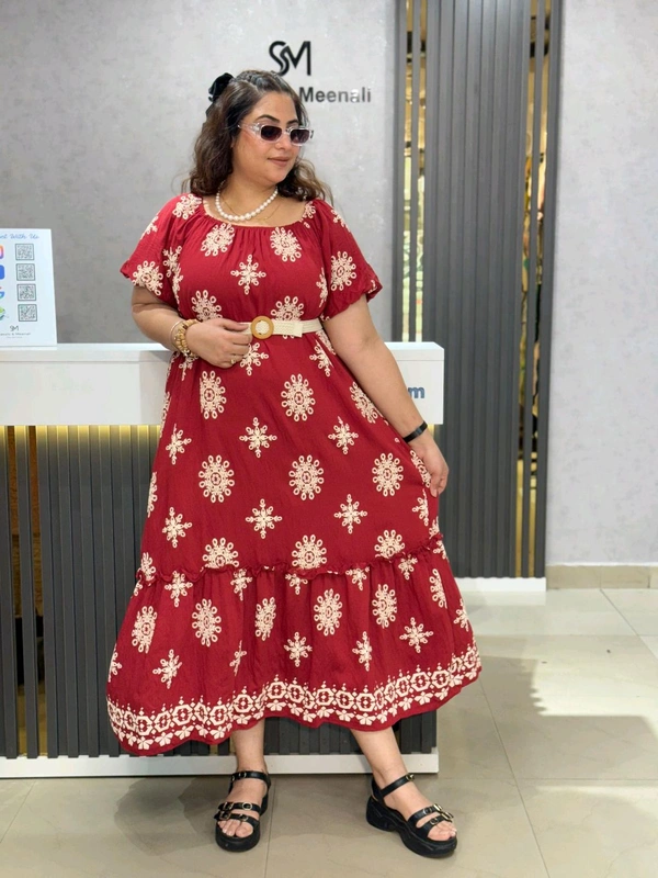 SKU 2032 Beautiful Dress With Jute Belt - Free Size M To 5Xl, Red