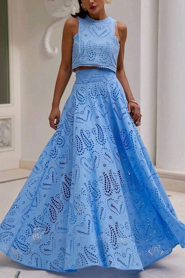 SKU 2033 Celine Eyelet Summer Coord Set
 - Blue, Free Size M To XL
