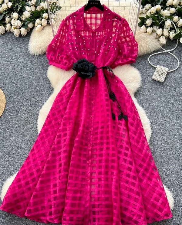 SKU 2034 Celine Eyelet Summer Dress With Flower Belt
 - Free Size M To XL, Pink