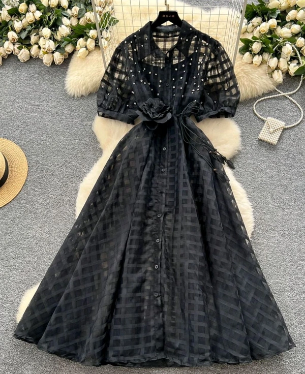 SKU 2034 Celine Eyelet Summer Dress With Flower Belt
 - Free Size M To XL, Black