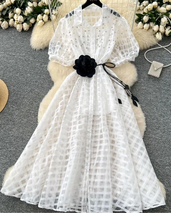 SKU 2034 Celine Eyelet Summer Dress With Flower Belt
 - Free Size M To XL, White