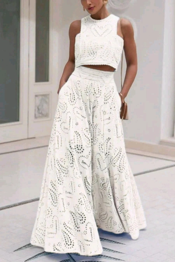 SKU 2033 Celine Eyelet Summer Coord Set
 - Free Size M To XL, White