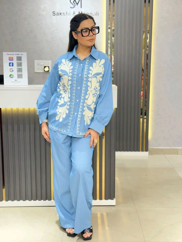 SKU 2036 Elegant Thread Embroidery Cordset 
 - Free Size M To XXL, Light Blue