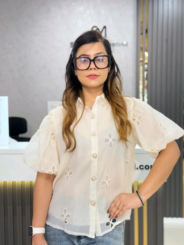 SKU 2038 Elegant Shirt With Flower Cutting
 - Free Size M To XL, Off White