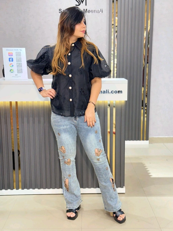 SKU 2038 Elegant Shirt With Flower Cutting
 - Free Size M To XL, Black