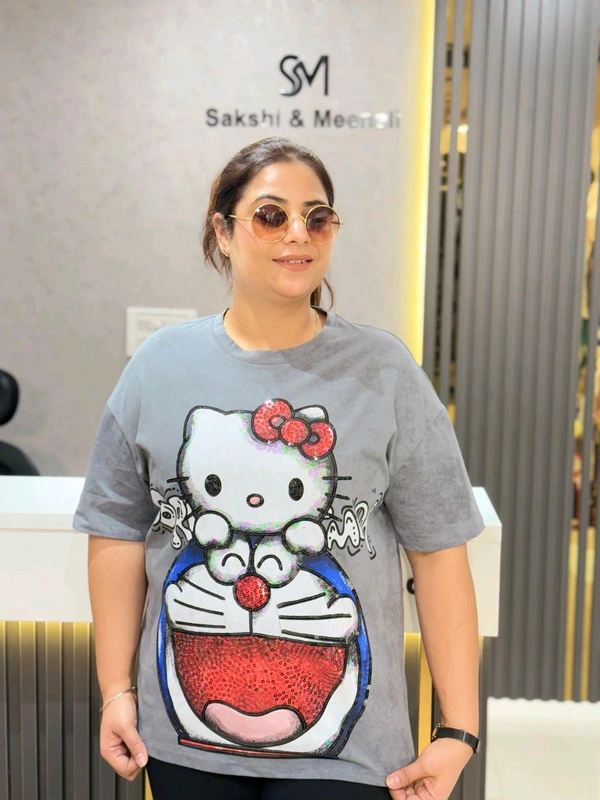 SKU 2039 Beautiful Tees With Doremon Design 
 - Free Size M To 3XL, Gray