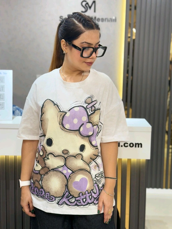 SKU 2040 Beautiful Tees With Kitty Design 
 - Free Size M To 2XL, White
