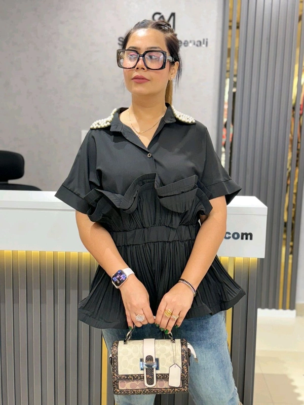 SKU 2028 Beautiful Frill Top With Pearl Detailing  - Free Size M To Xl, Black