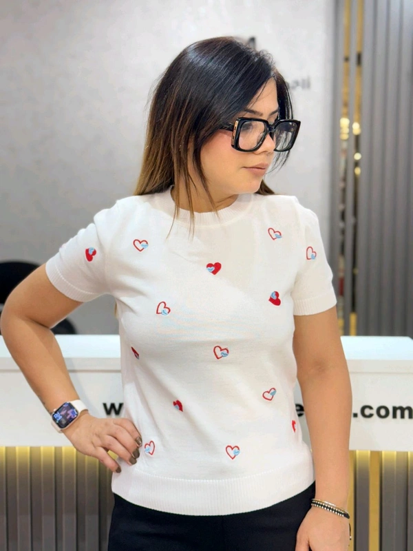 SKU 2044 Beautiful Hearts Knitted Top
 - Free Size M To XL, White