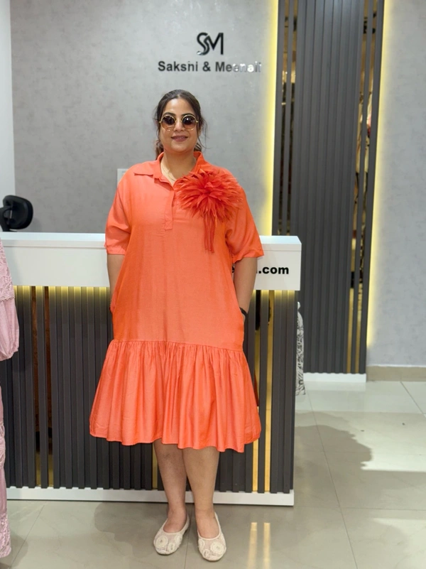 SKU 2047 Beautiful Dress With 3D Flower Detailing  - Orange, Free Size L TO 5XL