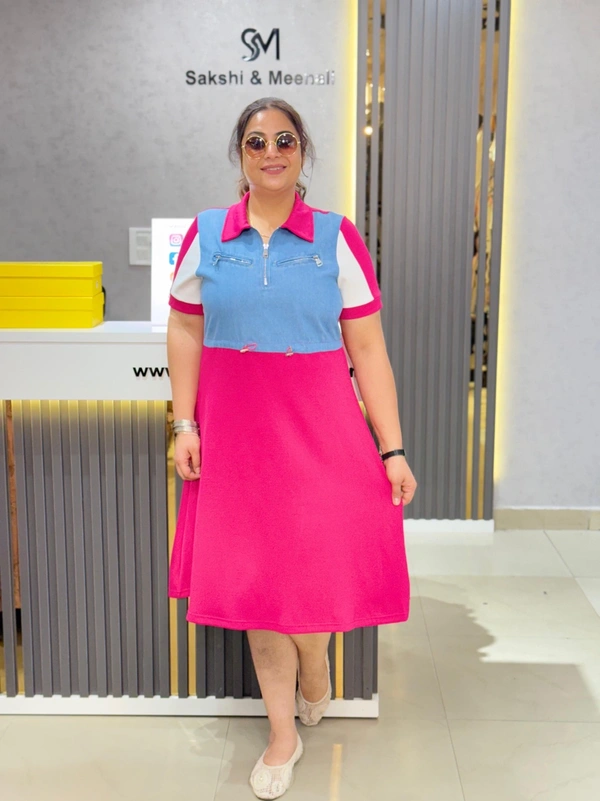 SKU 2050 Beautiful Denim Dress - Magenta / Fuchsia, Free Size M To XXXL