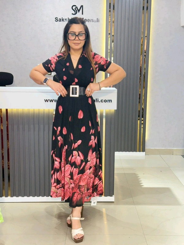 SKU 2057 Elegant Sheer Black & Red Floral Maxi Dress with Belt - Pink, Free Size M To XL