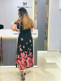 SKU 2057 Elegant Sheer Black & Red Floral Maxi Dress with Belt - Pink, Free Size M To XL