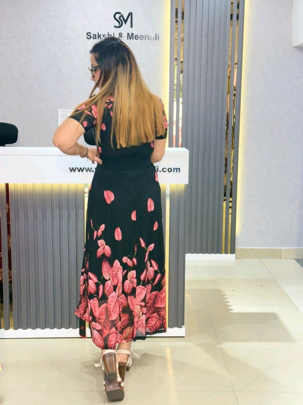 SKU 2057 Elegant Sheer Black & Red Floral Maxi Dress with Belt - Pink, Free Size M To XL