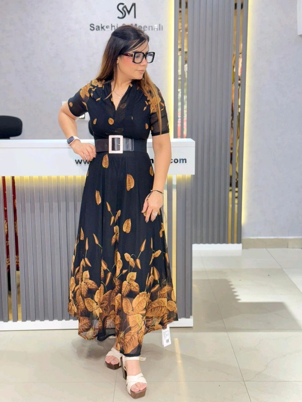 SKU 2057 Elegant Sheer Black & Red Floral Maxi Dress with Belt - Free Size M To XL, Orange