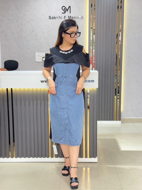 SKU 2058 Elegant Denim Dress With Cape - Black, Free Size M To XXL