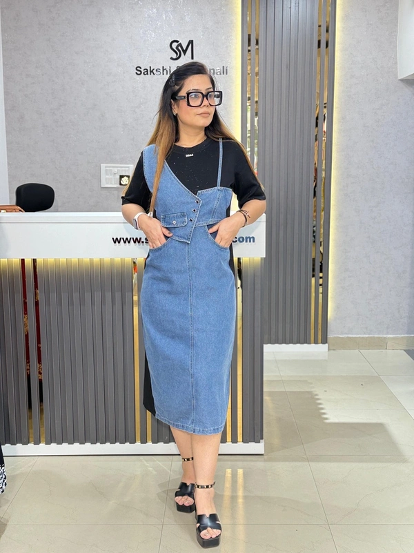 SKU 2058 Elegant Denim Dress With Strape Detailing  - Black, Free Size M To XXL
