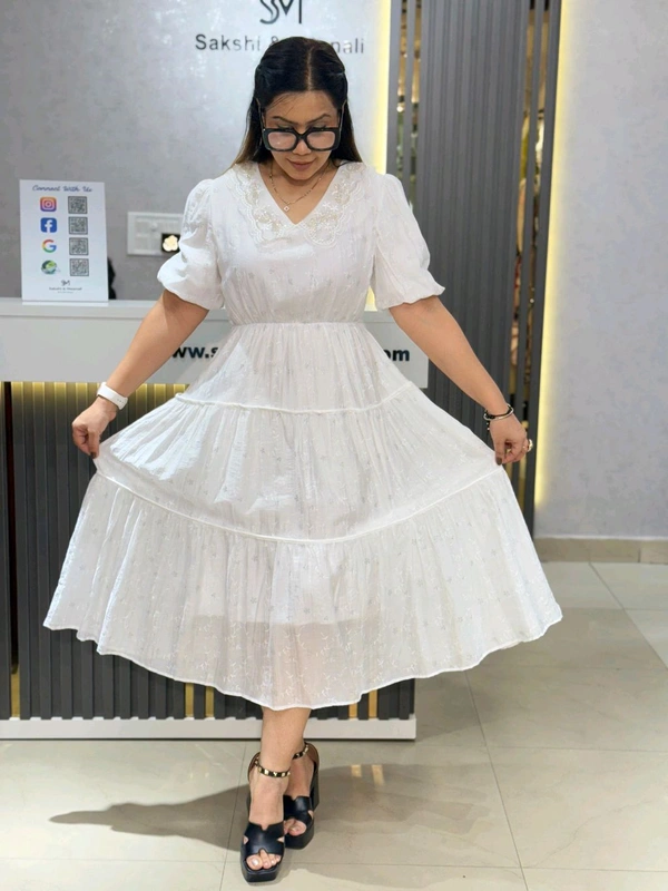 SKU 2062 Elegant Dress With Handwork Collar - Free Size M To XL, White