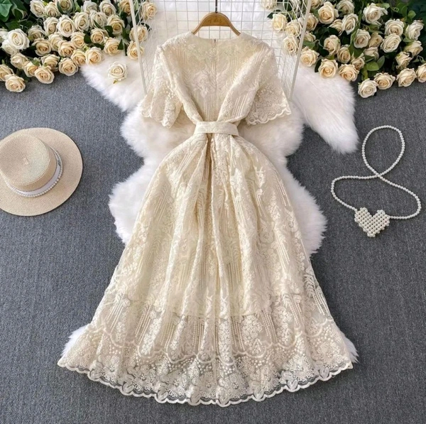 SKU 2063 Elegant Dress With Handwork Collar - Free Size M To XL, Off White