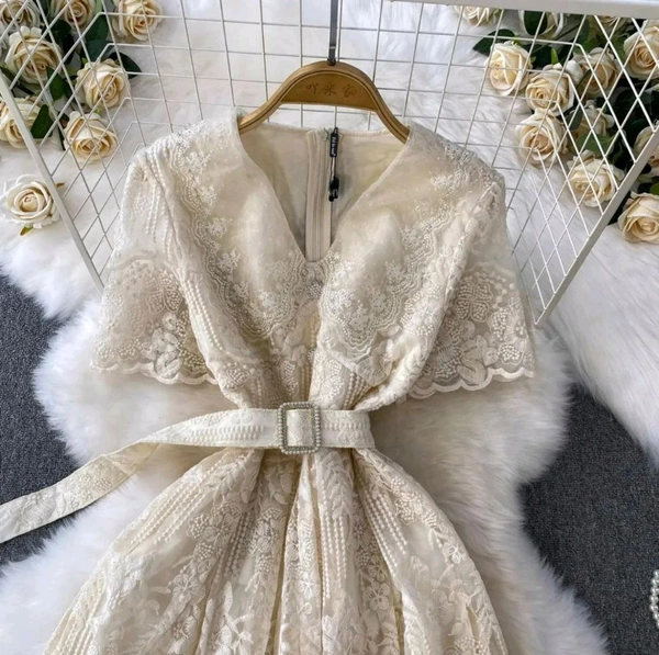 SKU 2063 Elegant Dress With Handwork Collar - Free Size M To XL, Off White