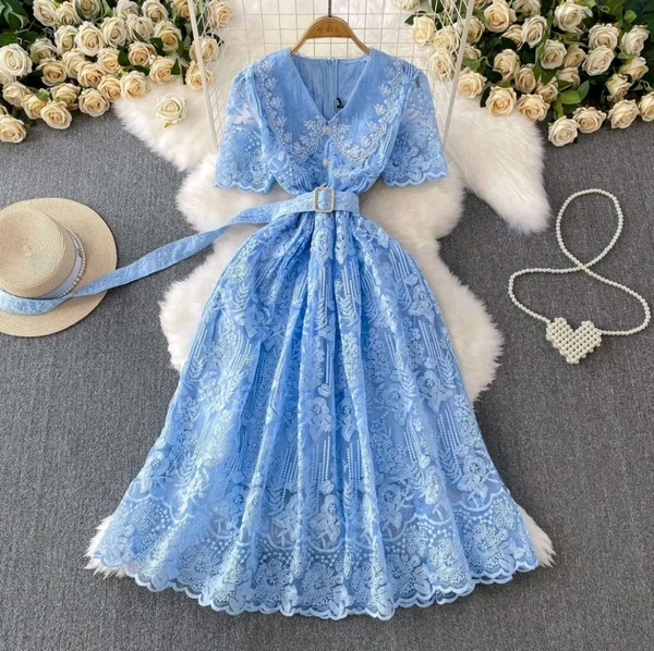 SKU 2063 Elegant Dress With Handwork Collar - Free Size M To XL, Blue