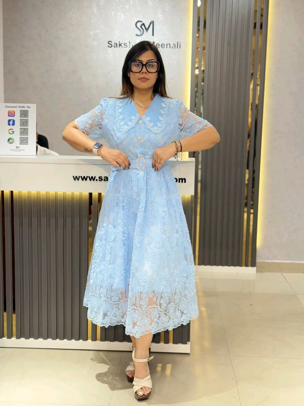 SKU 2063 Elegant Dress With Handwork Collar - Blue, Free Size M L