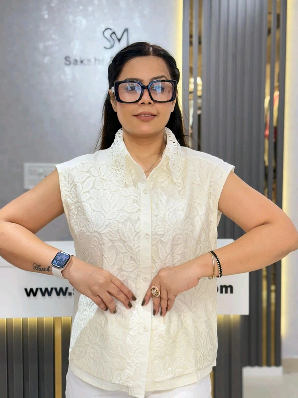 SKU 2064 Elegant Cotton Top With Net Detailing  - Free Size M To XXL, Off White