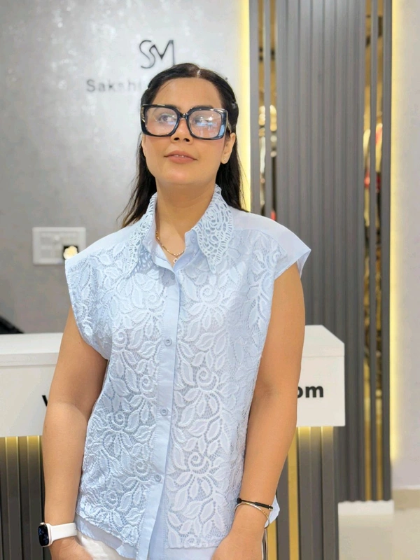 SKU 2065 Elegant Cotton Top With Lace Collar  - Free Size M To XXXL, Blue