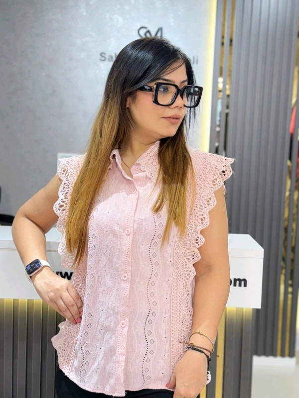SKU 2065 Elegant Cotton Top With Lace Collar  - Free Size M To XXXL, Pink