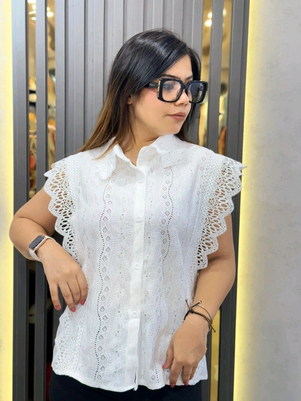 SKU 2065 Elegant Cotton Top With Lace Collar  - Free Size M To XXXL, Off White