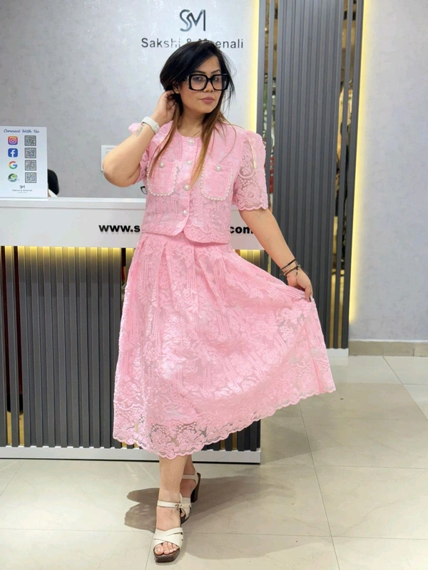 SKU 2005 Beautiful Skirt Top With Pearl Detailing  - Free Size M To XL, Pink